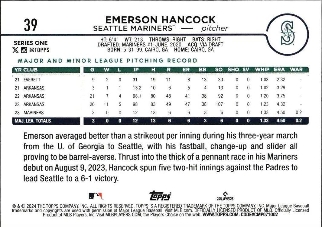 2024 Topps Emerson Hancock #39 baseball trading card back