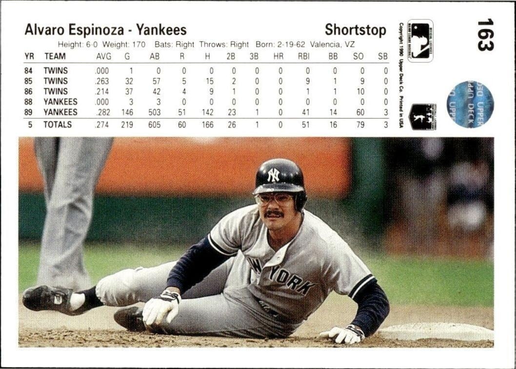 1990 Upper Deck Alvaro Espinoza #163 baseball trading card back