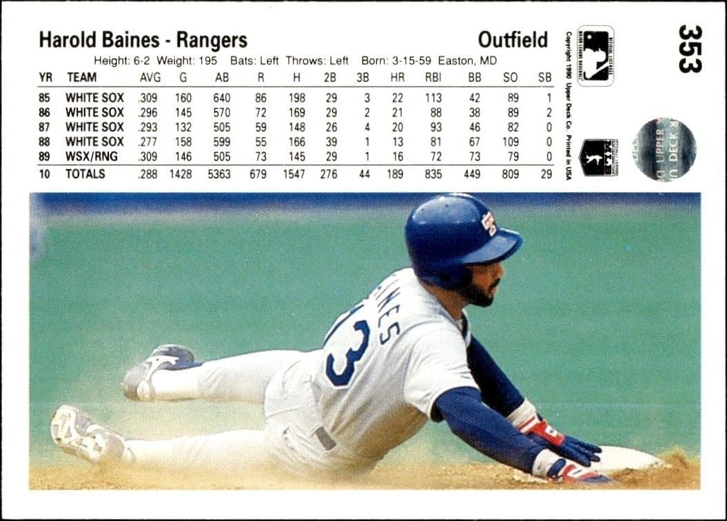 1990 Upper Deck Harold Baines #353 baseball trading card back