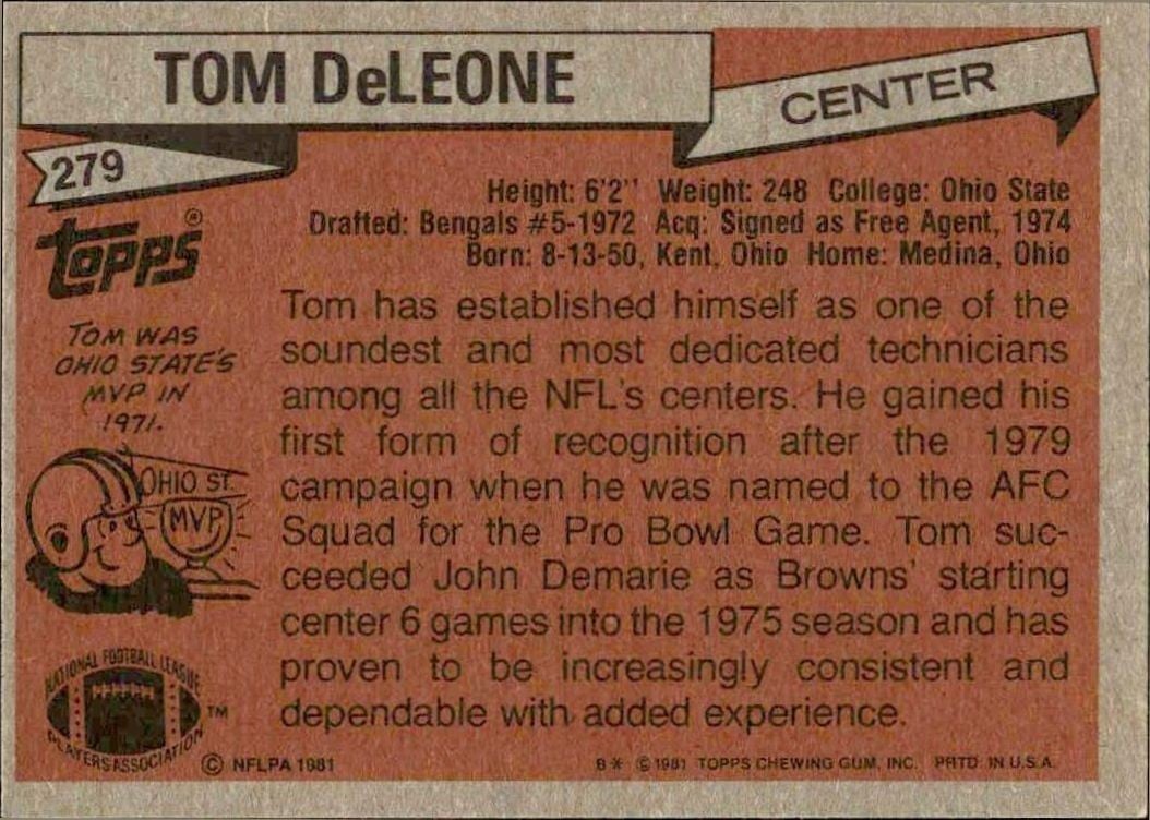 1981 Topps Tom DeLeone #279 football trading card back