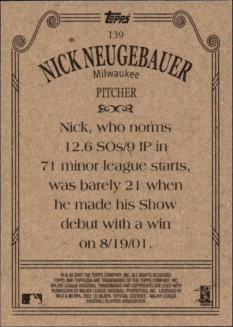2002 Topps 206 Nick Neugebauer #139 baseball trading card back