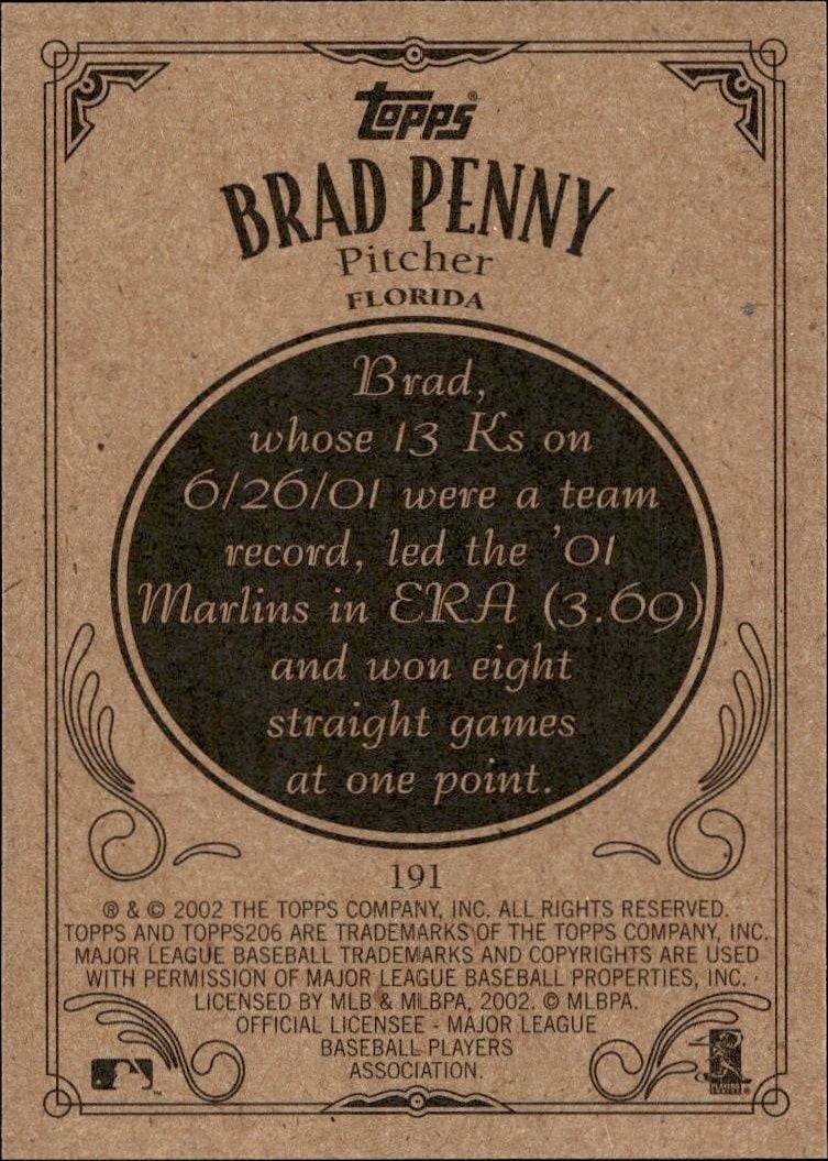 2002 Topps 206 Brad Penny #191 baseball trading card back