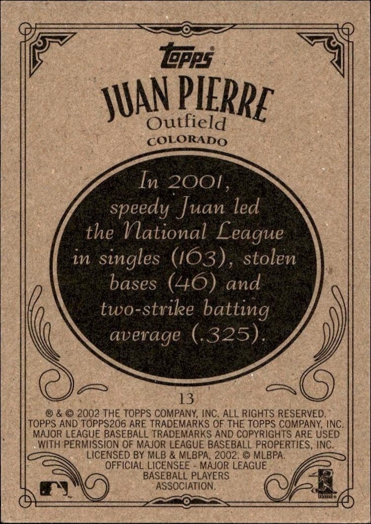 2002 Topps 206 Juan Pierre #13 baseball trading card back