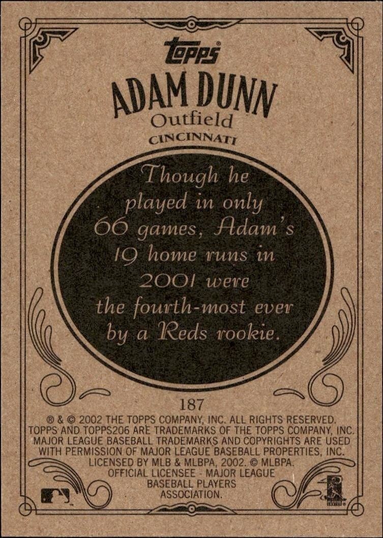 2002 Topps 206 Adam Dunn #187 baseball trading card back