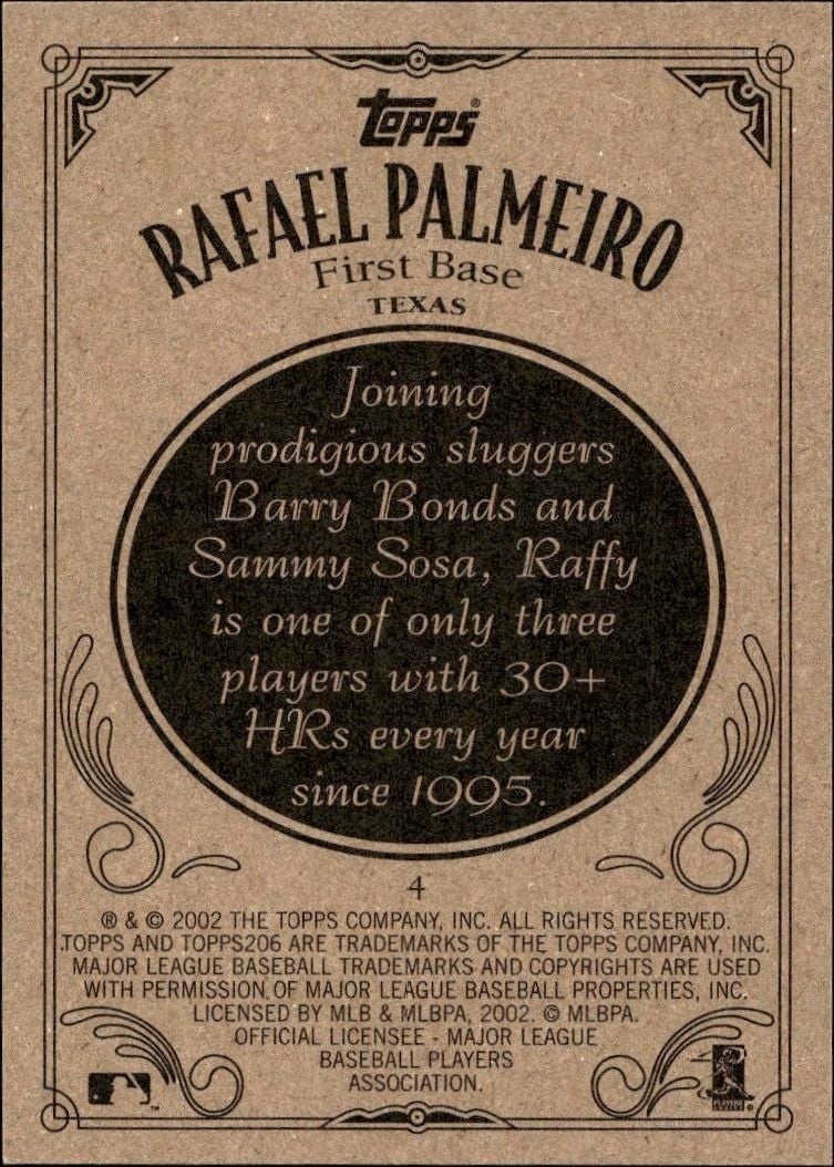 2002 Topps 206 Rafael Palmeiro #4 baseball trading card back