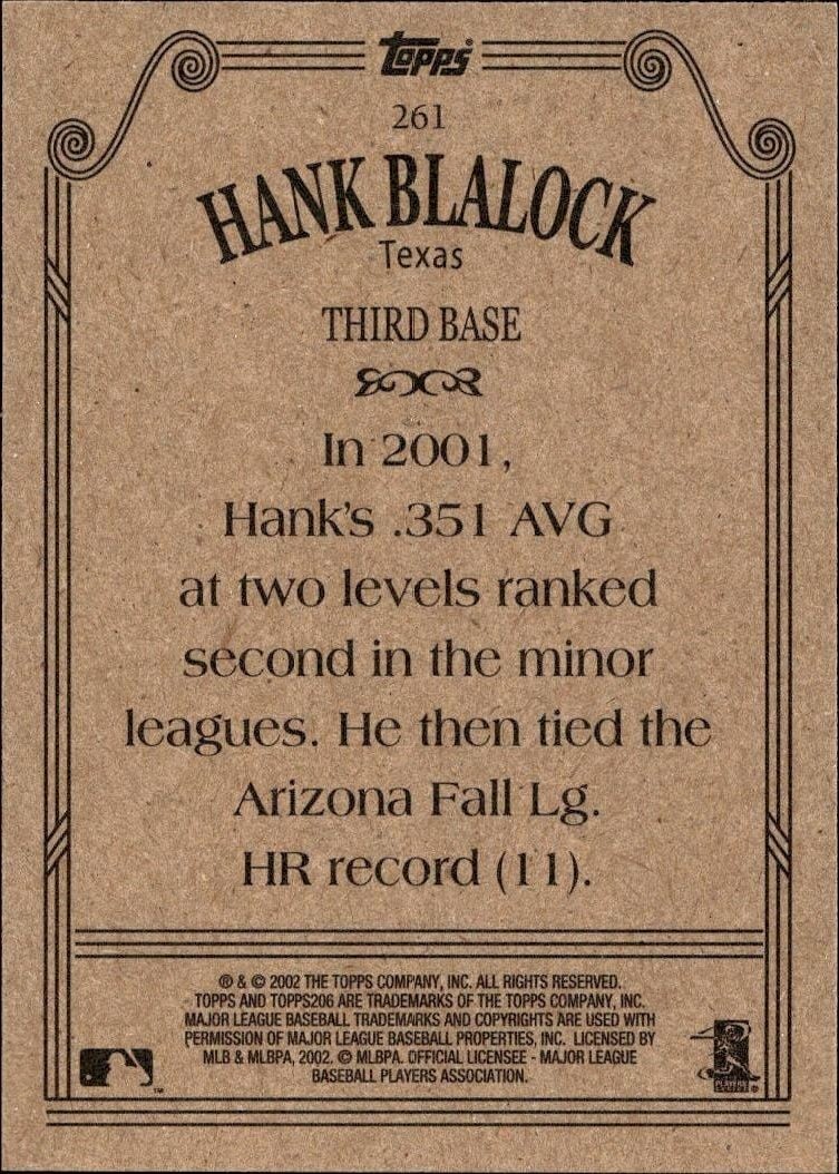 2002 Topps 206 Hank Blalock #261 baseball trading card back