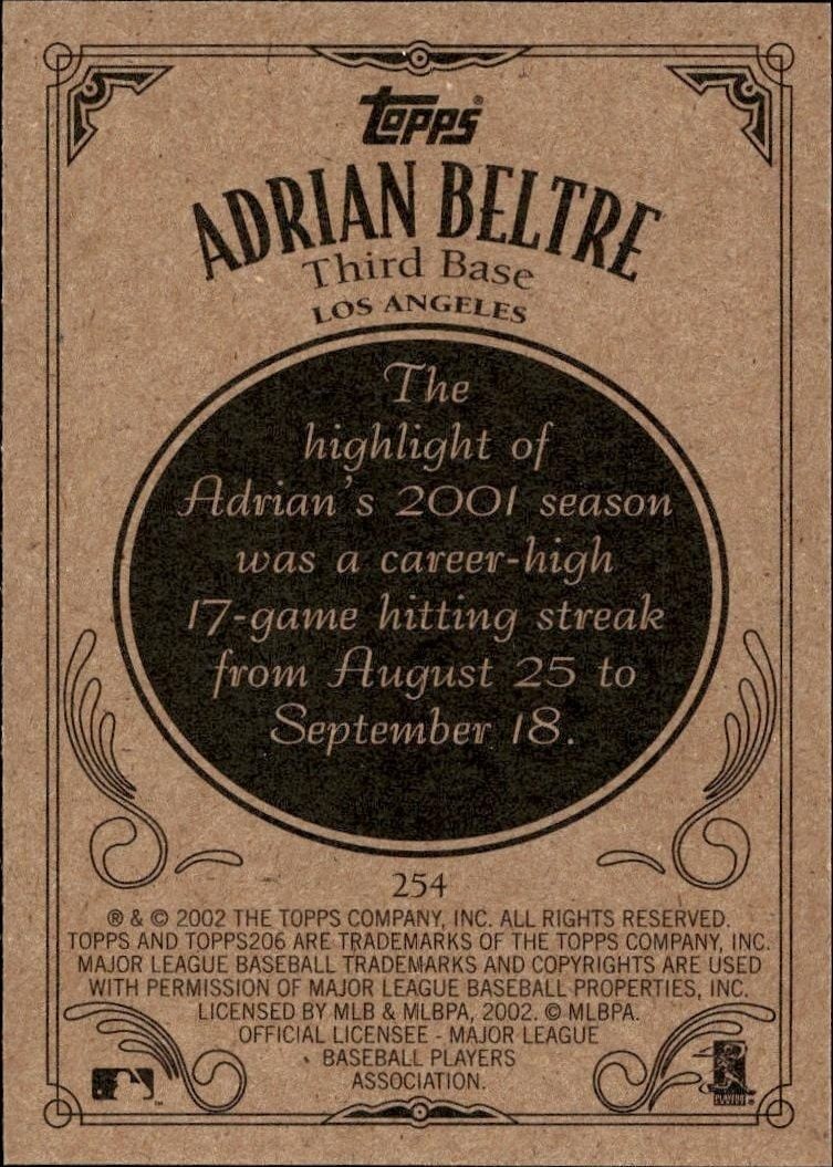 2002 Topps 206 Adrian Beltre #254 baseball trading card back