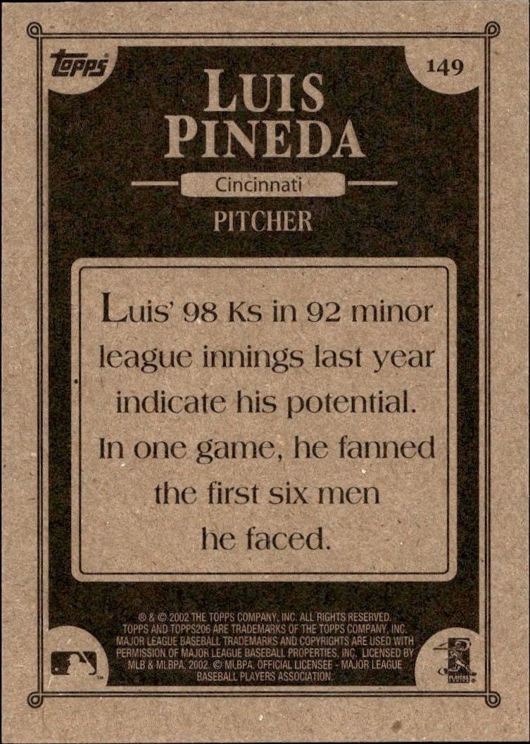 2002 Topps 206 Luis Pineda #149 baseball trading card back