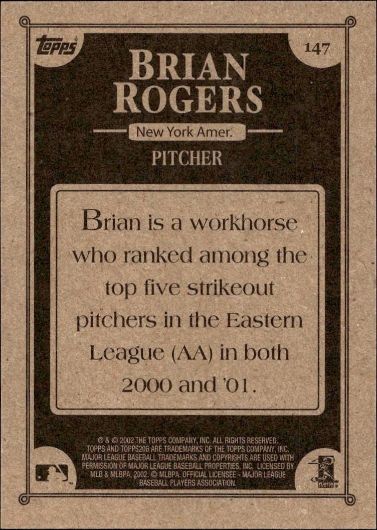 2002 Topps 206 Brian Rogers #147 baseball trading card back