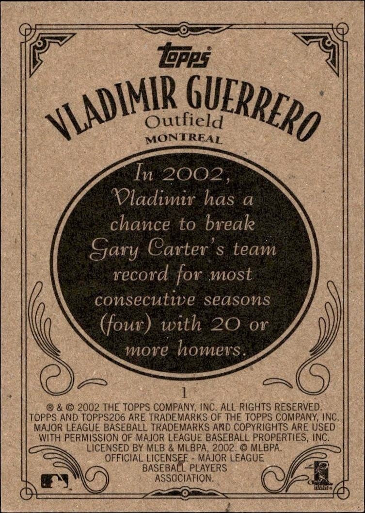 2002 Topps 206 Vladimir Guerrero #1 baseball trading card back