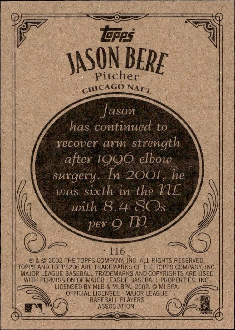 2002 Topps 206 Jason Bere #116 baseball trading card back