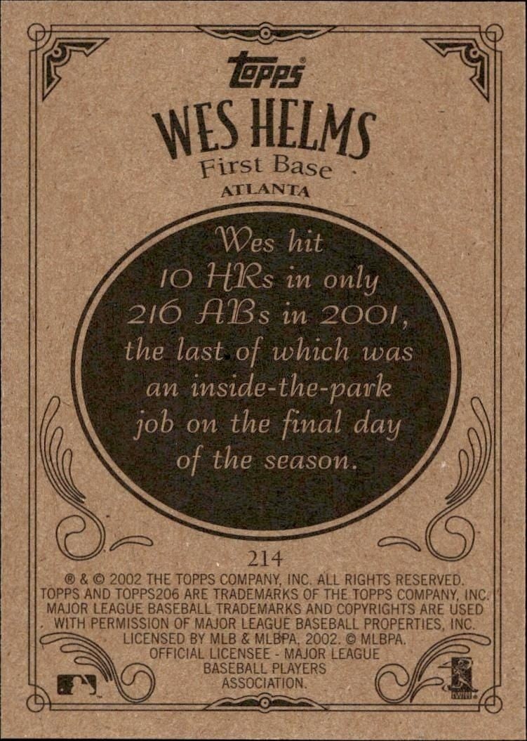 2002 Topps 206 Wes Helms #214 baseball trading card back