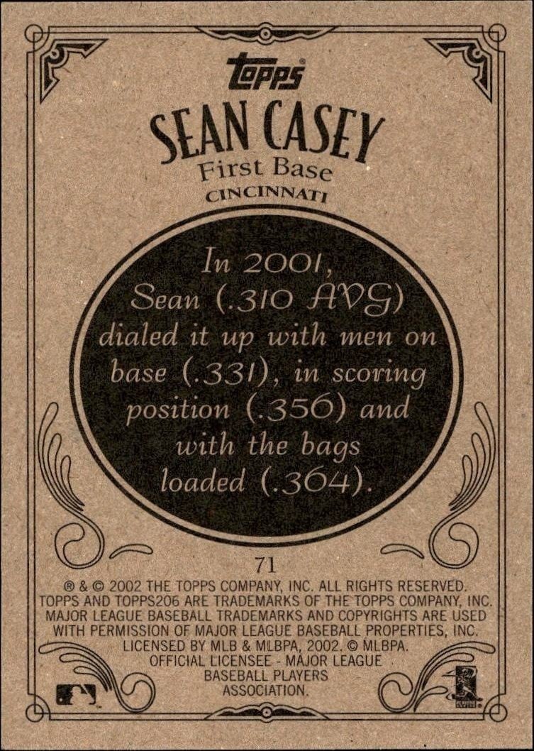 2002 Topps 206 Sean Casey #71 baseball trading card back