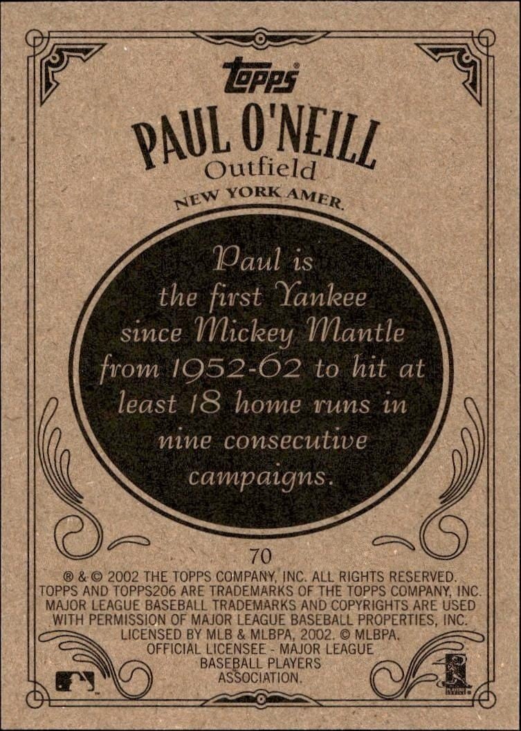 2002 Topps 206 Paul O'Neill #70 baseball trading card back
