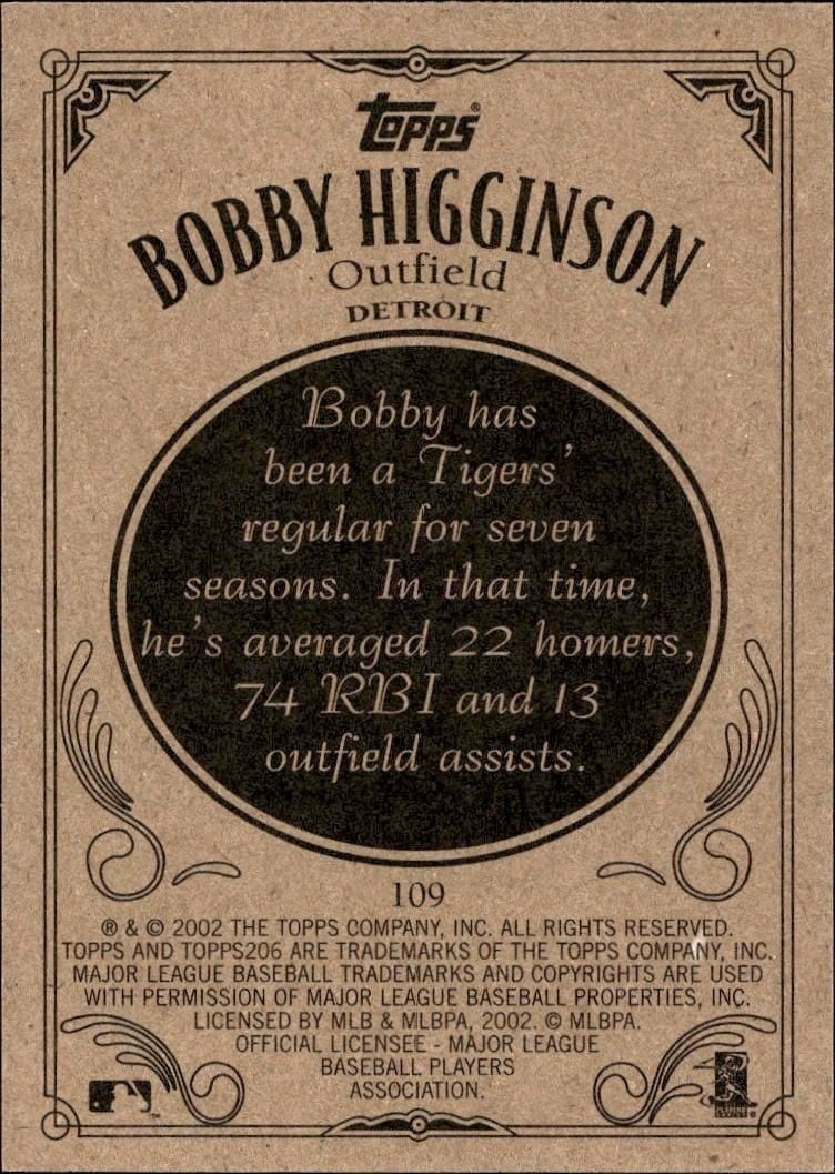 2002 Topps 206 Bobby Higginson #109 baseball trading card back