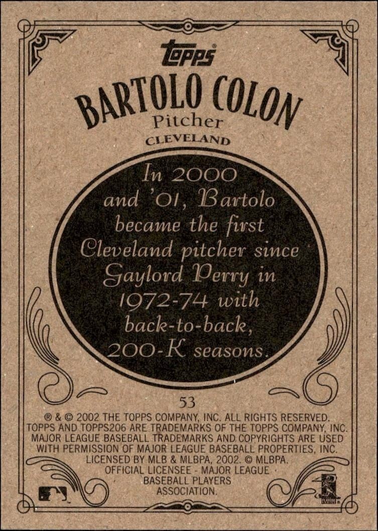 2002 Topps 206 Bartolo Colon #53 baseball trading card back