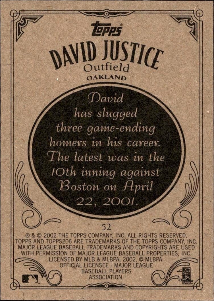 2002 Topps 206 David Justice #52 baseball trading card back