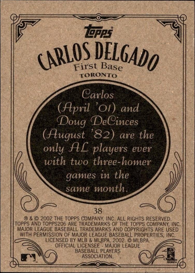 2002 Topps 206 Carlos Delgado #38 baseball trading card back