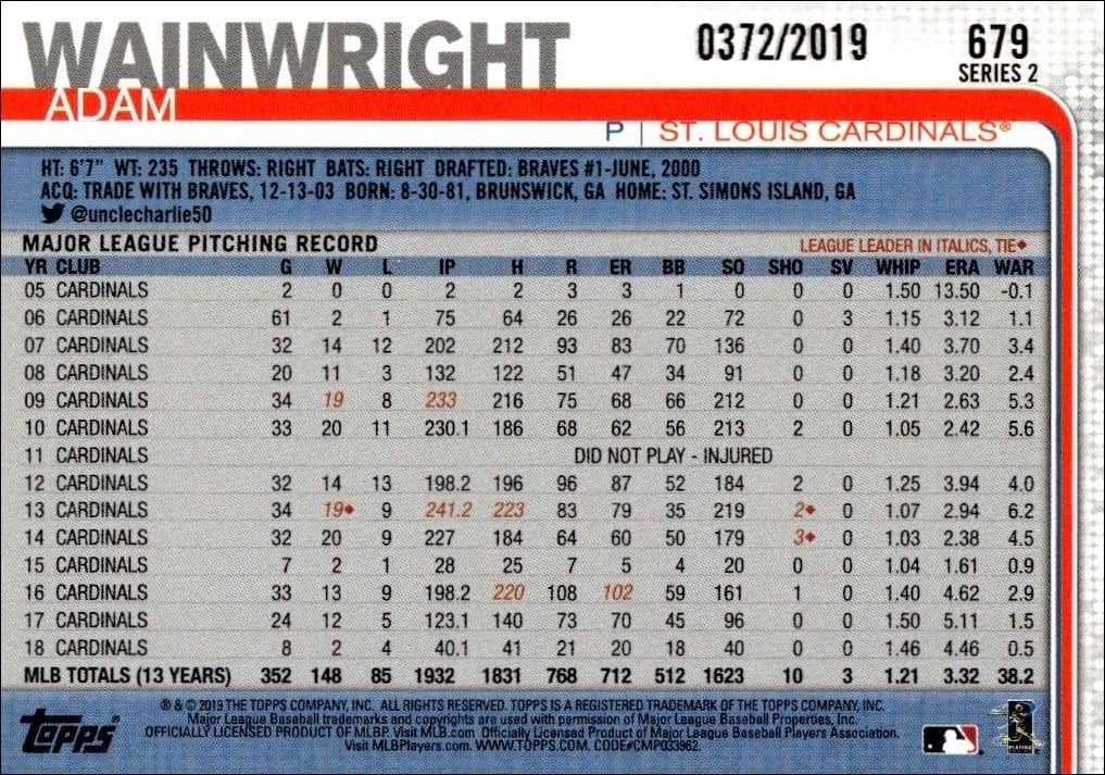 2019 Topps Series 2 Adam Wainwright #679 baseball trading card back
