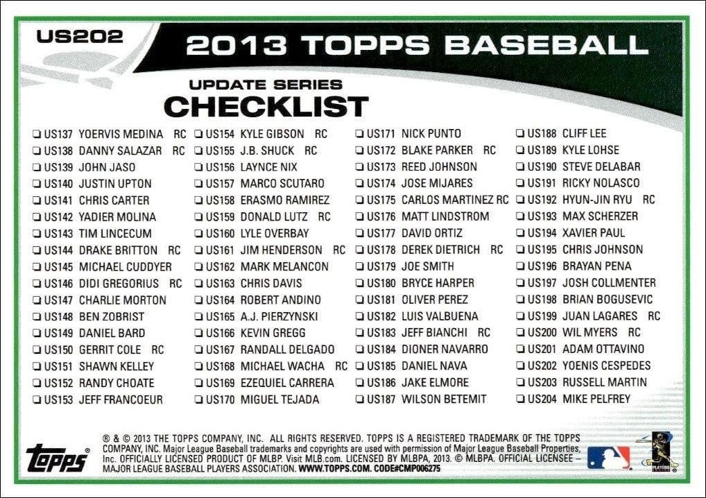 2013 Topps Update Yoenis Cespedes #US202 baseball trading card back