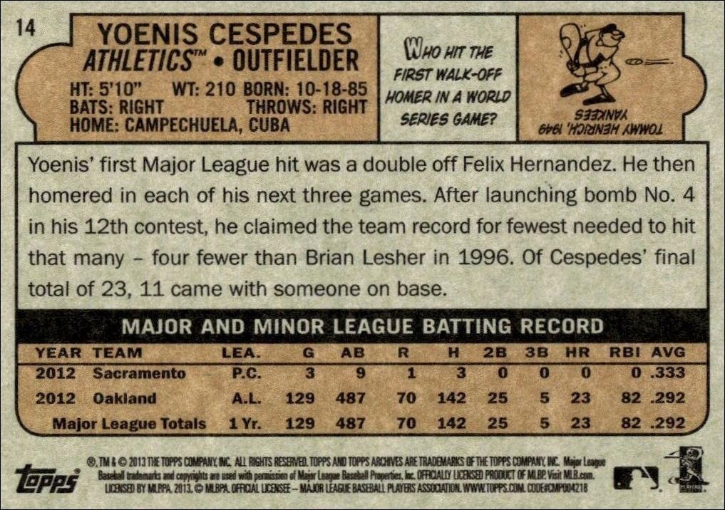 2013 Topps Archives Yoenis Cespedes #14 baseball trading card back