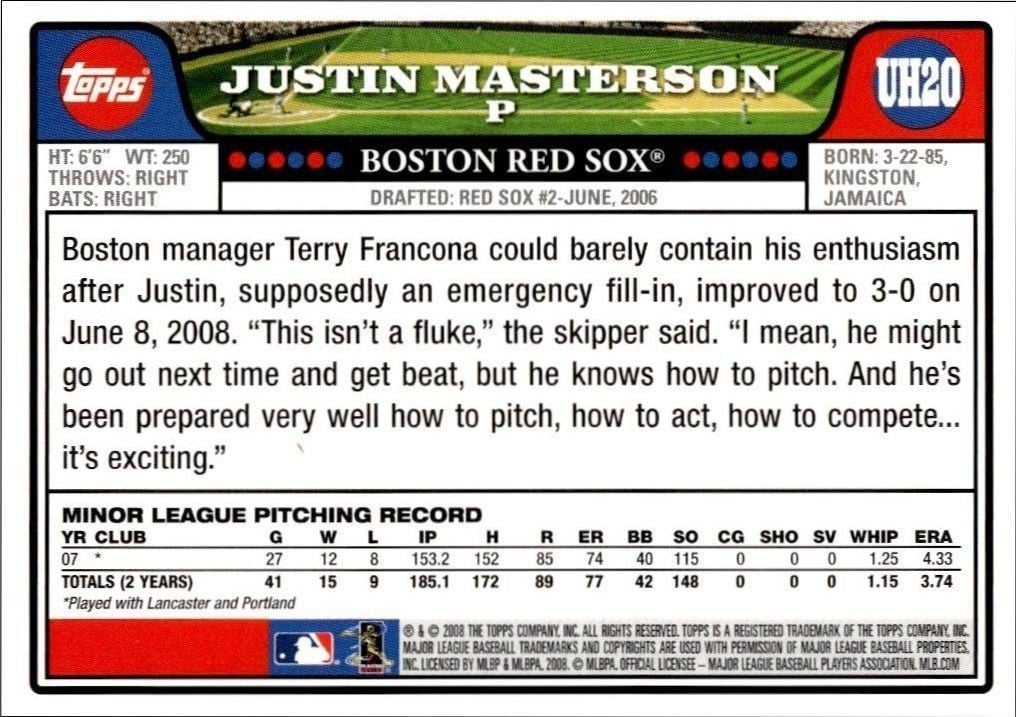 2008 Topps Updates & Highlights Justin Masterson #UH20 baseball trading card back