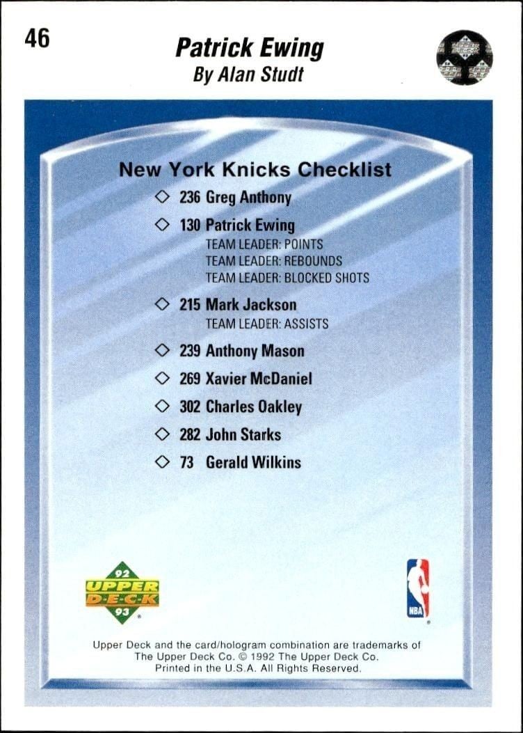 1992-93 Upper Deck Patrick Ewing #46 basketball trading card back