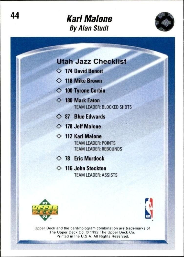 1992-93 Upper Deck Karl Malone #44 basketball trading card back