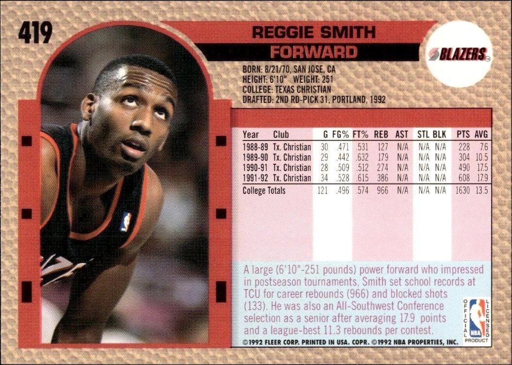 1992 Fleer Reggie Smith #419 basketball trading card back