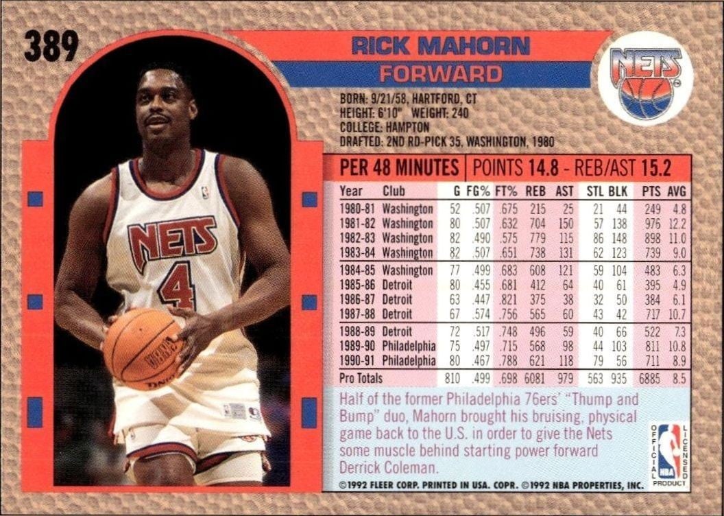 1992 Fleer Rick Mahorn #389 basketball trading card back