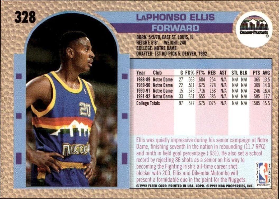 1992 Fleer LaPhonso Ellis #328 basketball trading card back