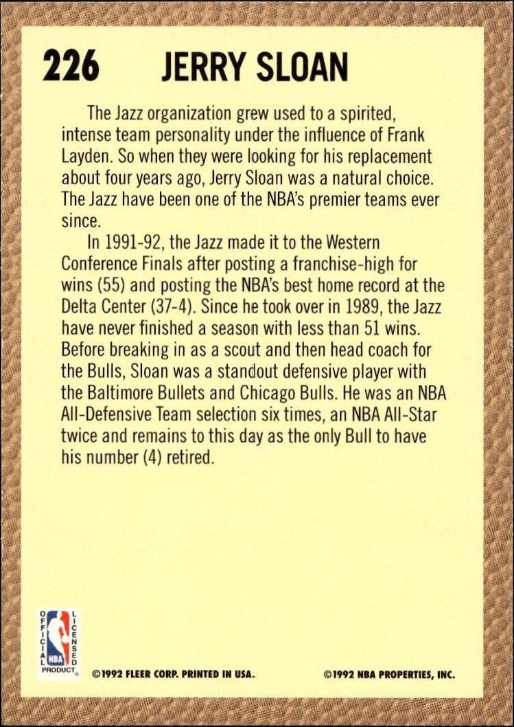1992 Fleer Jerry Sloan #226 basketball trading card back