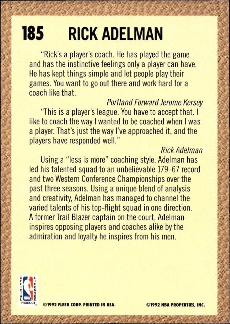 1992 Fleer Rick Adelman #185 basketball trading card back