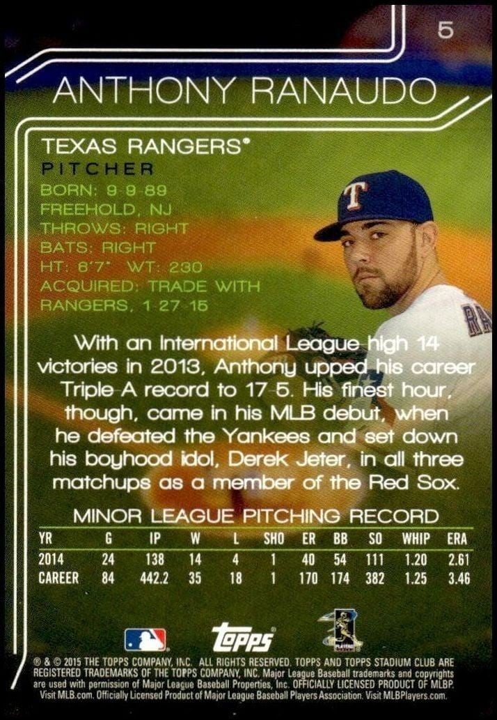 2015 Topps Stadium Club Anthony Ranaudo #5 baseball trading card back