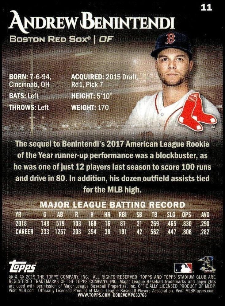 2019 Topps Stadium Club Andrew Benintendi #11 baseball trading card back