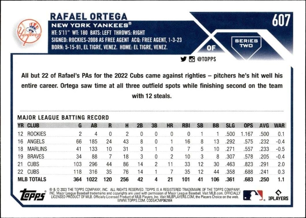 2023 Topps Series 2 Rafael Ortega #607 baseball trading card back
