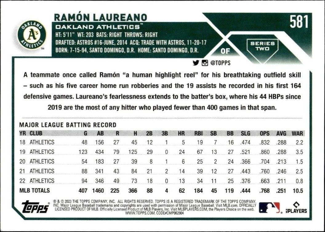 2023 Topps Series 2 Ramón Laureano #581 baseball trading card back