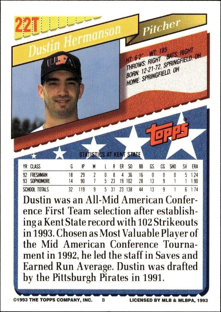 1993 Topps Traded Dustin Hermanson #22T baseball trading card back