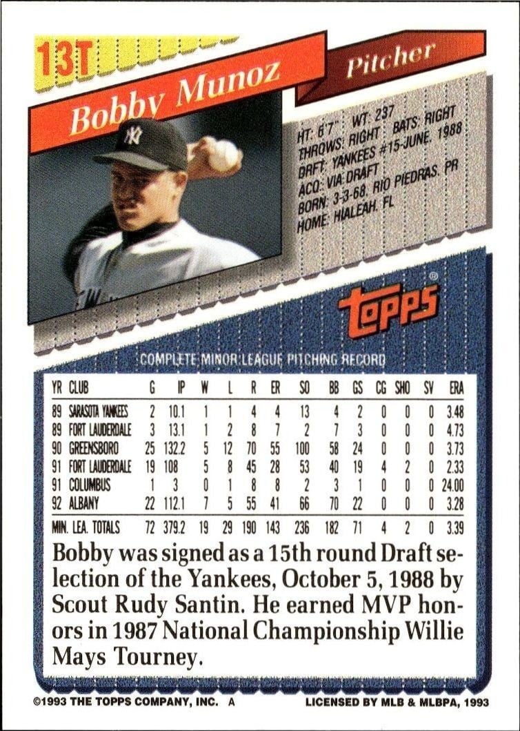 1993 Topps Traded Bobby Munoz #13T baseball trading card back