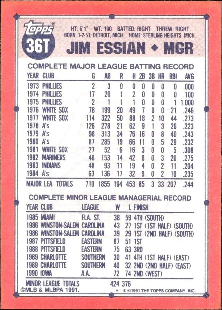 1991 Topps Traded Jim Essian #36T baseball trading card back