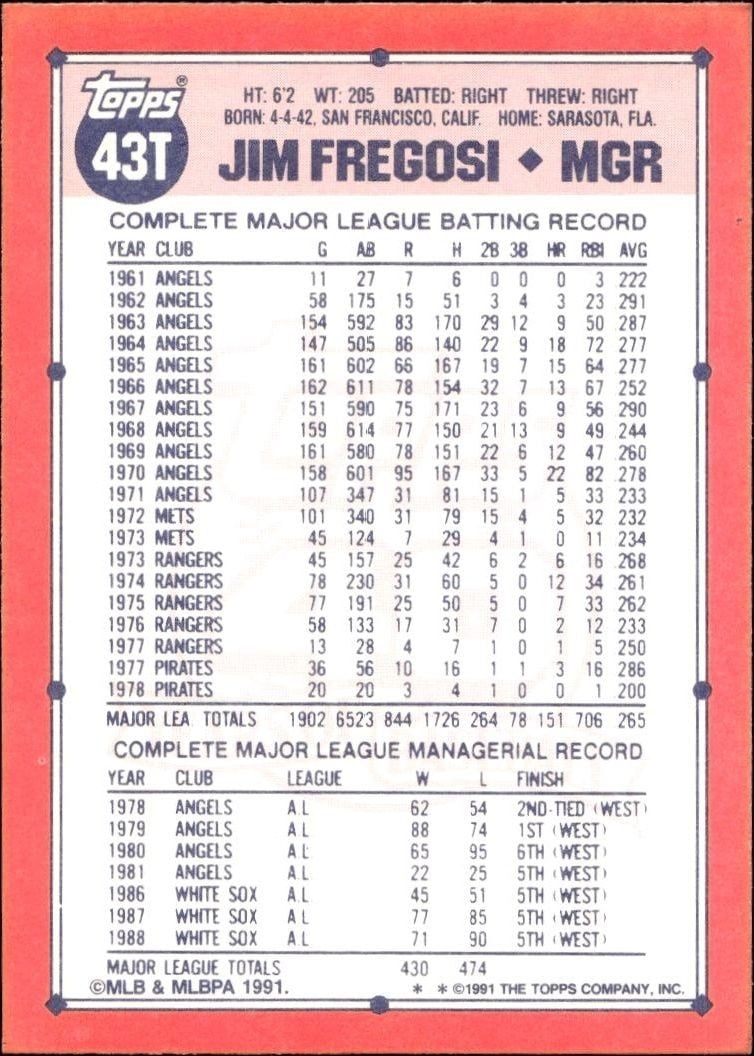 1991 Topps Traded Jim Fregosi #43T baseball trading card back