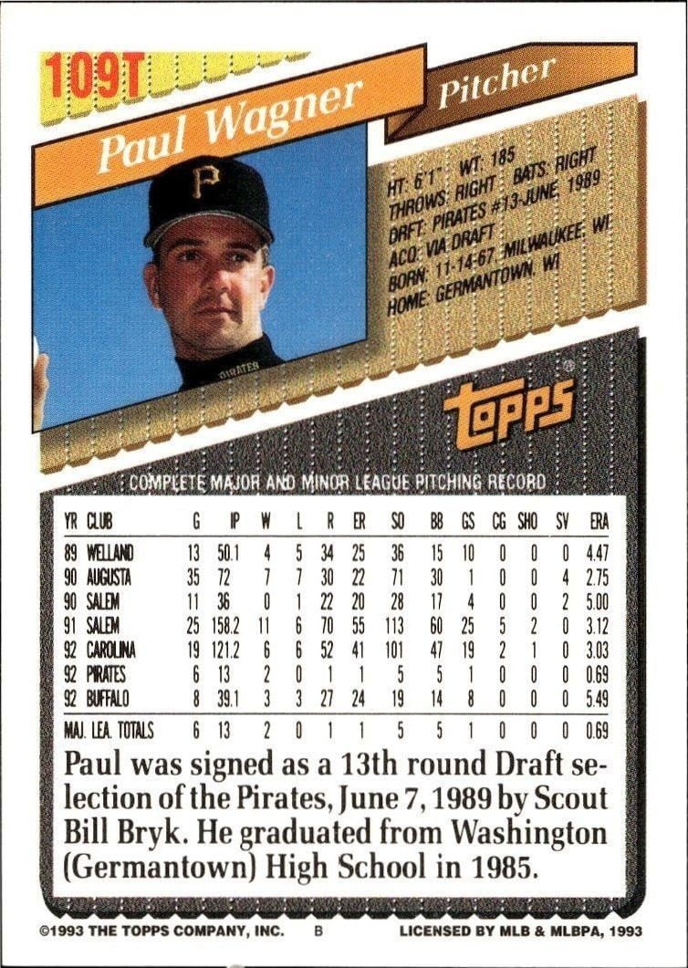 1993 Topps Traded Paul Wagner #109T baseball trading card back