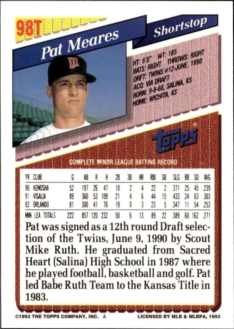 1993 Topps Traded Pat Meares #98T baseball trading card back