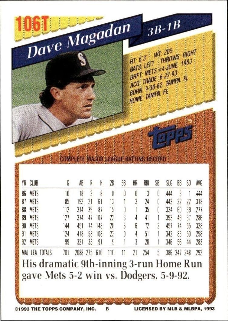 1993 Topps Traded Dave Magadan #106T baseball trading card back