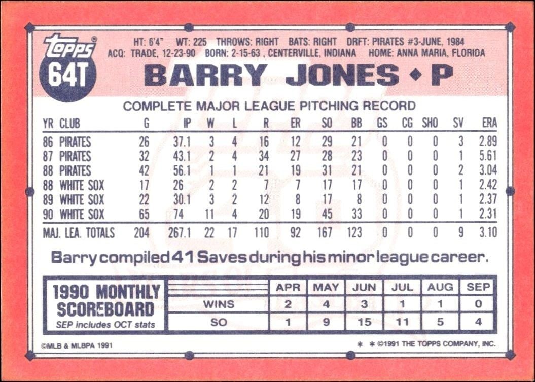 1991 Topps Traded Barry Jones #64T baseball trading card back