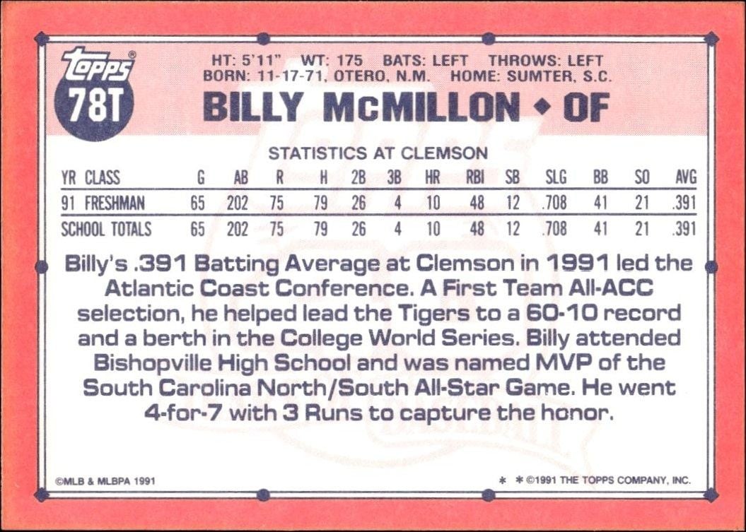 1991 Topps Traded Billy McMillon #78T baseball trading card back