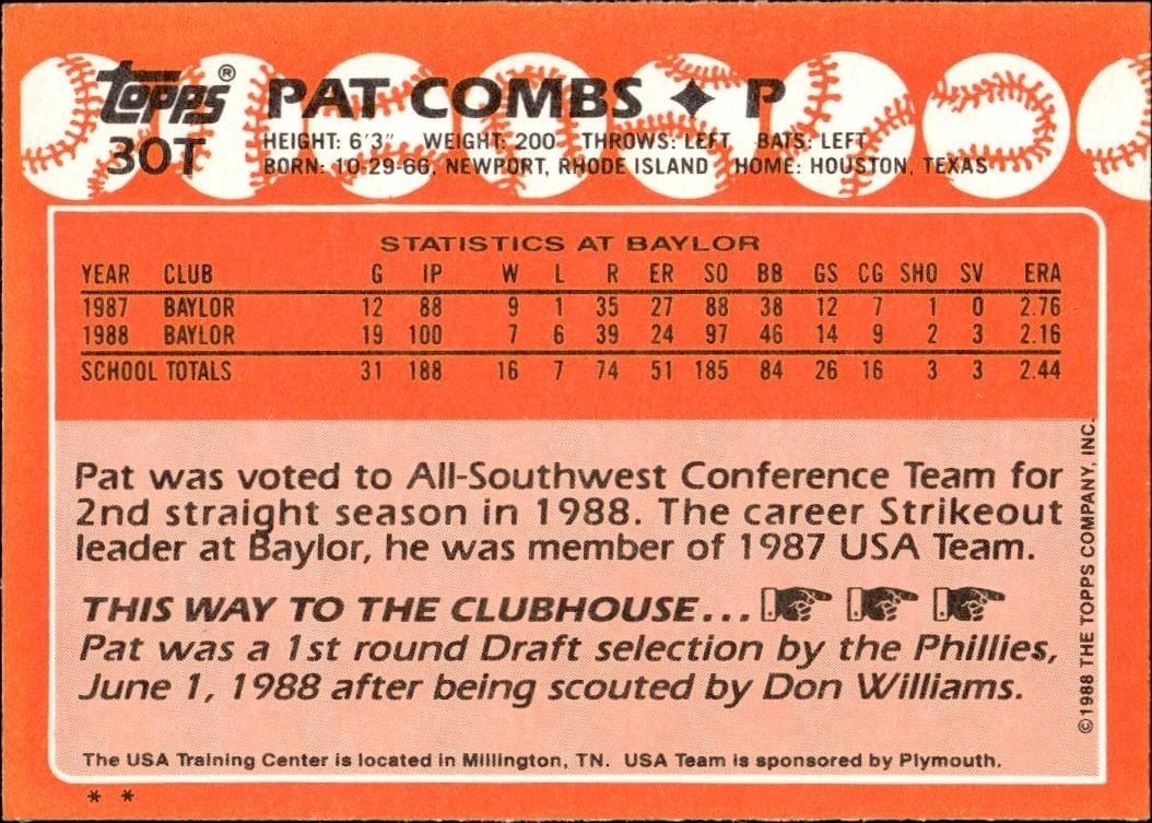 1988 Topps Traded Pat Combs #30T baseball trading card back
