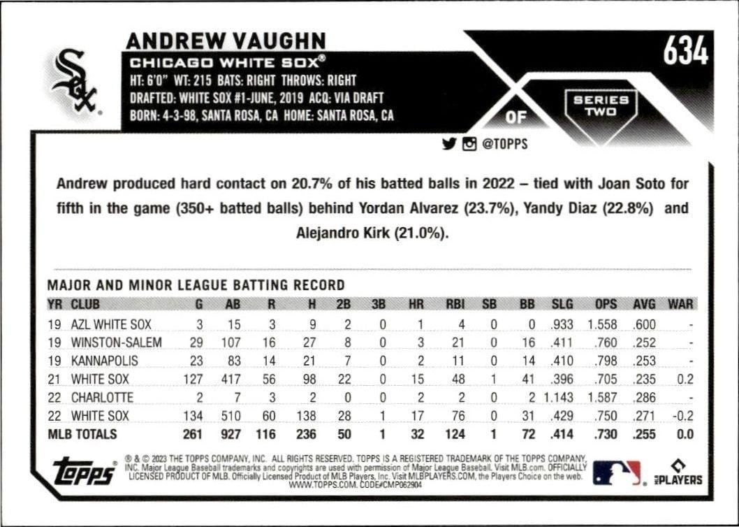 2023 Topps Series 2 Andrew Vaughn #634 baseball trading card back