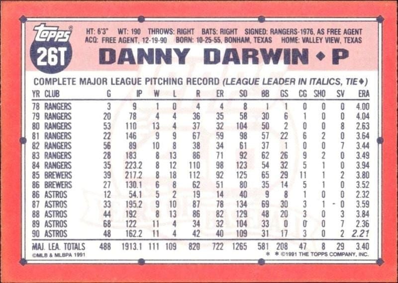 1991 Topps Traded Danny Darwin #26T baseball trading card back