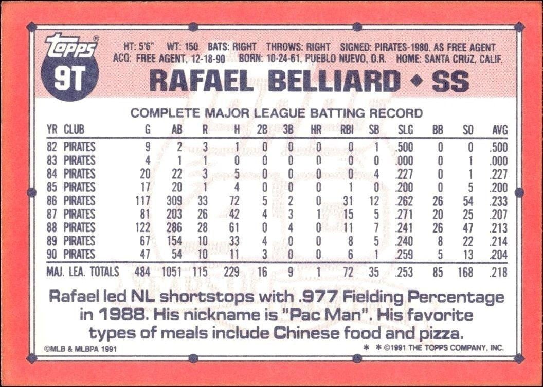 1991 Topps Traded Rafael Belliard #9T baseball trading card back
